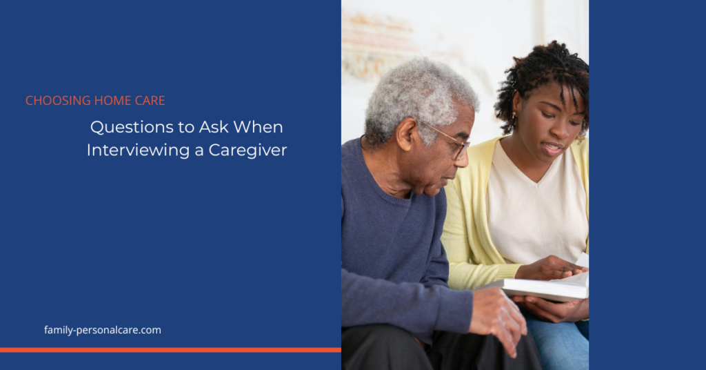 Senior man in a blue sweater and a caregiver in a cardigan reading together on a couch — illustrating a non-medical conversation between an older adult and an in-home caregiver.