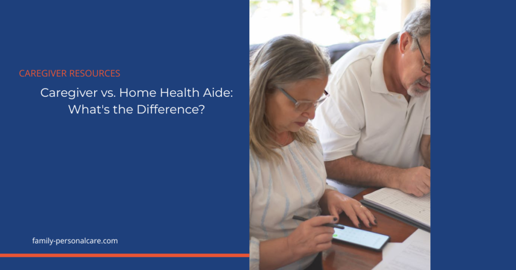Older couple at home reviewing paperwork — illustrating the decision between hiring a caregiver and a home health aide.